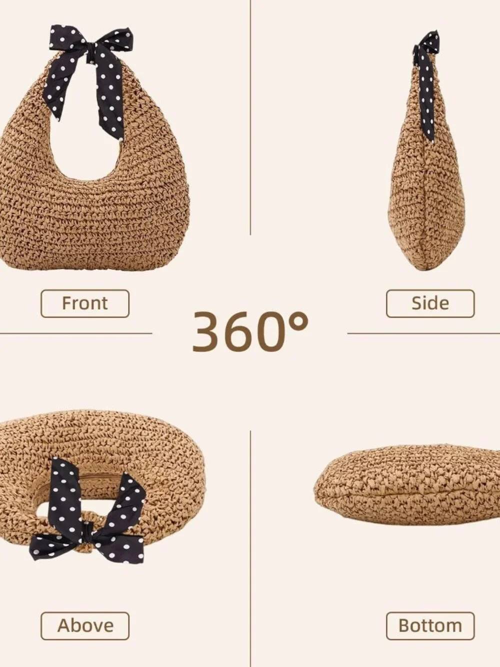 Straw Bag for Women, Summer Beach Tote Purse with Zipper, Raffia Woven Bag, Tote - Picture 5 of 7